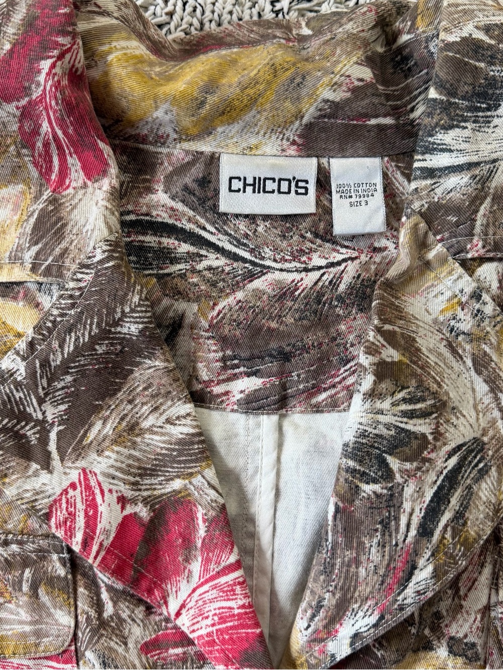 Chico's Multicolor Leaf-Print Jean Jacket — Brown, Red & Yellow - Picture 11 of 16